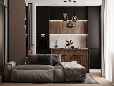 4米大客廳包含客餐廚區(qū)域，105㎡侘寂風(fēng)將簡(jiǎn)約做到極致！