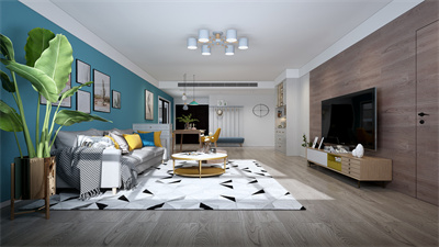 天津新房裝修|109㎡清新北歐風(fēng)，客廳孔雀藍(lán)加原木的配色真的太絕了！